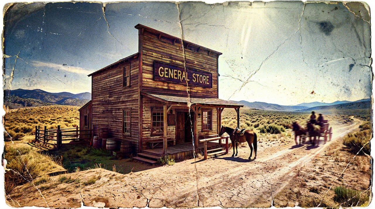 AI colorized old west photos — AI colorized frontier general store with blue sky, amber desert, and weathered wood tones