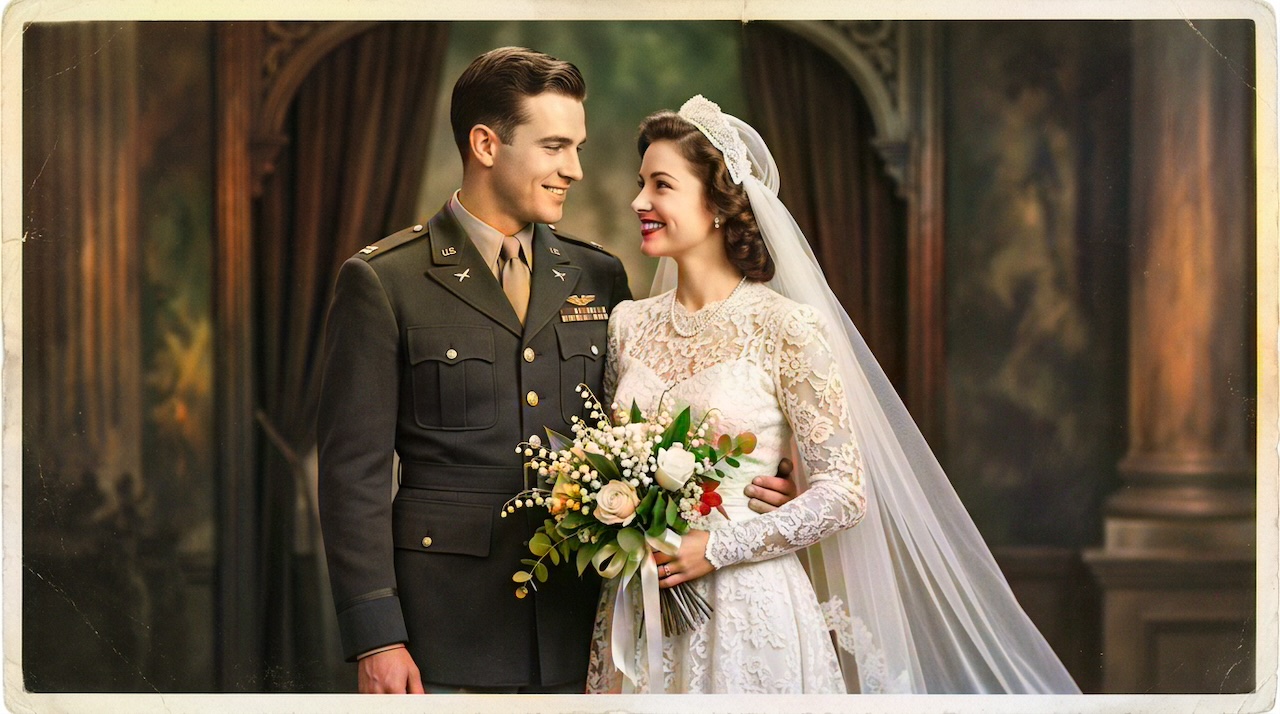 AI colorized colorize wedding photos — Colorized wedding portrait with natural skin tones, ivory lace, and olive military uniform