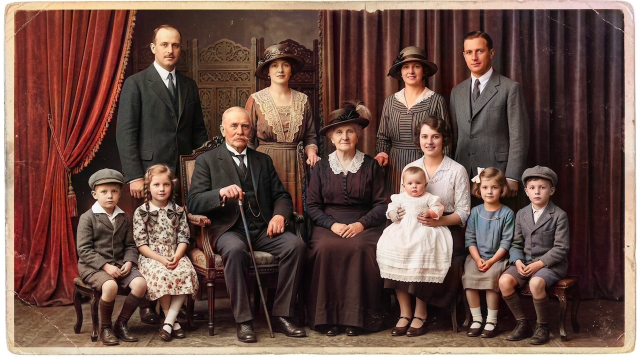 AI colorized restore family photos for free — Colorized genealogy family portrait with period clothing colors and natural skin across all ages