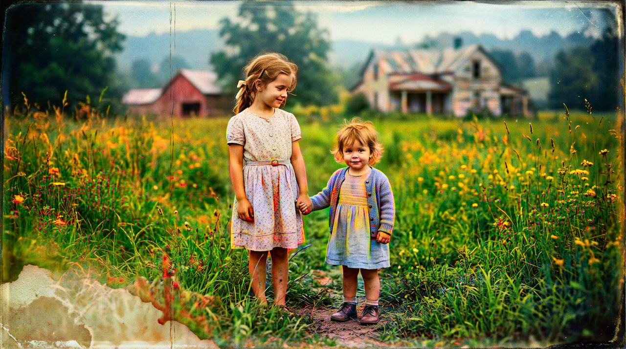 AI colorized ai skin tone restoration — Colorized rural childhood portrait with green meadow, warm skin tones, and period dresses