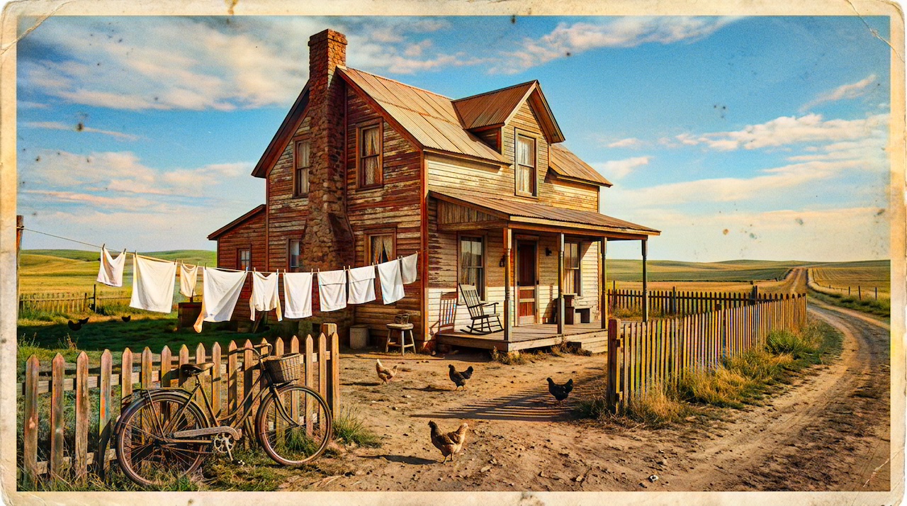 AI colorized colorize sepia photos — AI colorized rustic farmhouse with blue sky, green fields, white laundry, and natural wood tones