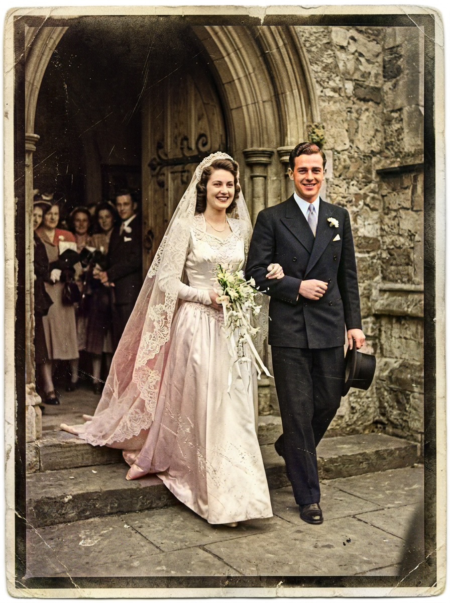 AI colorized historical photo colorization — Colorized wedding portrait with natural skin tones, ivory lace, and olive military uniform