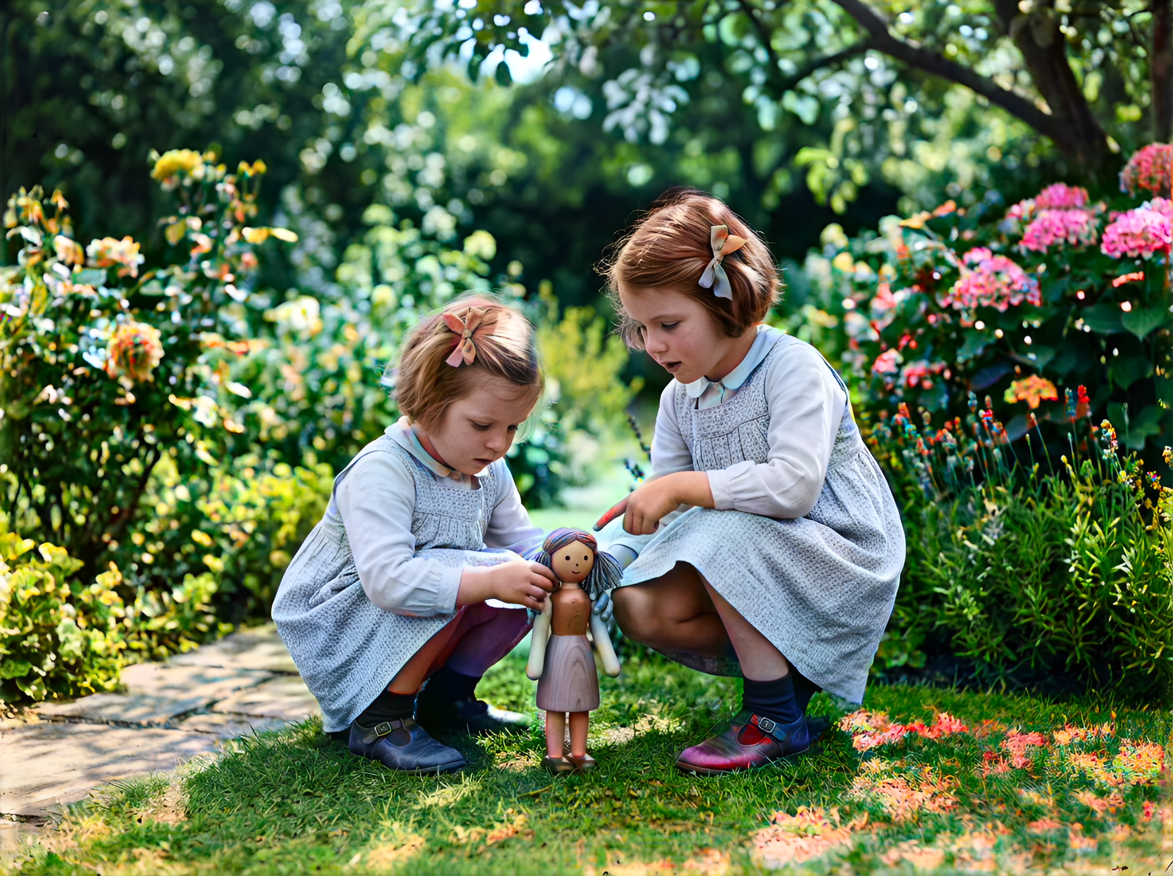 AI colorized water damaged photos — Colorized rural childhood portrait with green meadow, warm skin tones, and period dresses